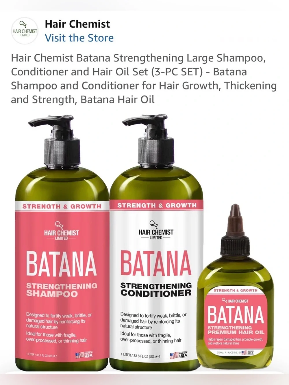 Hair Chemist Batana Strengthening Shampoo& Conditioner plus Oil Set -NEW IN BOX